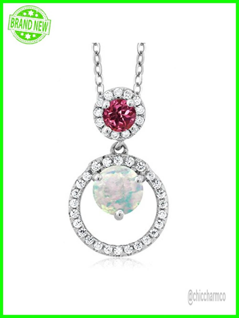 925 Sterling Silver Simulated Opal Pink Tourmaline Pendant Necklace Women